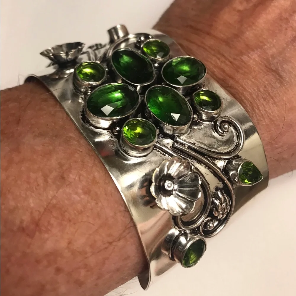 Peridot Stamped Solid 925 Sterling Silver Cuff Bracelet